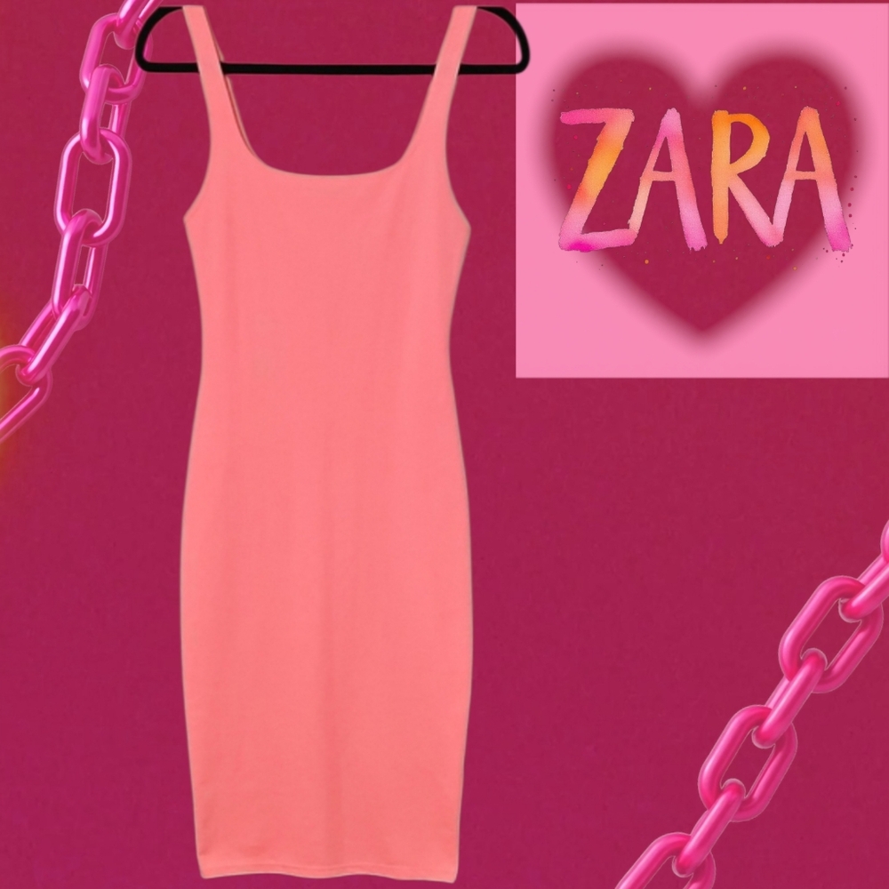 Zara Vibrant Pink Coral Scoop Neck Stretch Bodycon Midi Dress Small